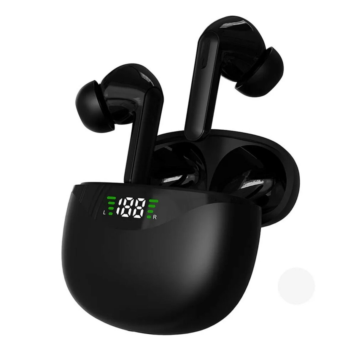 Auricolari wireless neri in una custodia di ricarica. La custodia mostra un display digitale. Due auricolari sono fuori dalla custodia.