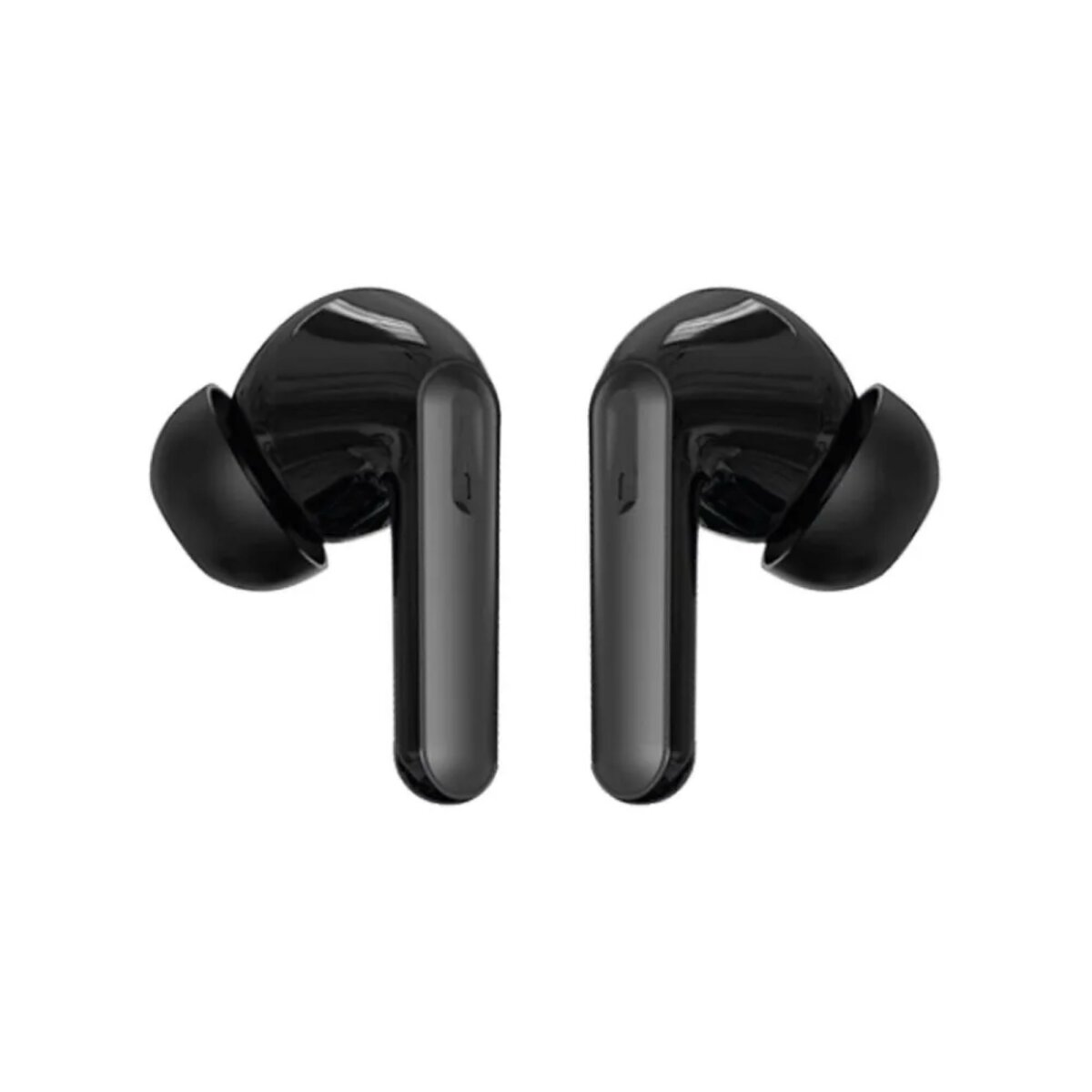 Due auricolari wireless neri su sfondo bianco. Ogni auricolare ha una punta arrotondata e uno stelo.