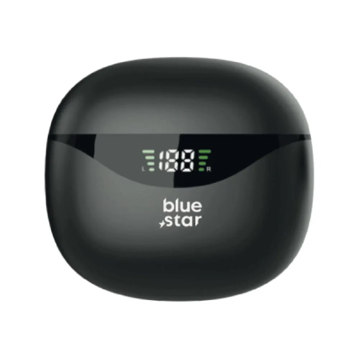 Custodia nera per auricolari Blue Star con display digitale che mostra la durata della batteria. La custodia è di forma ovale con sfondo bianco.