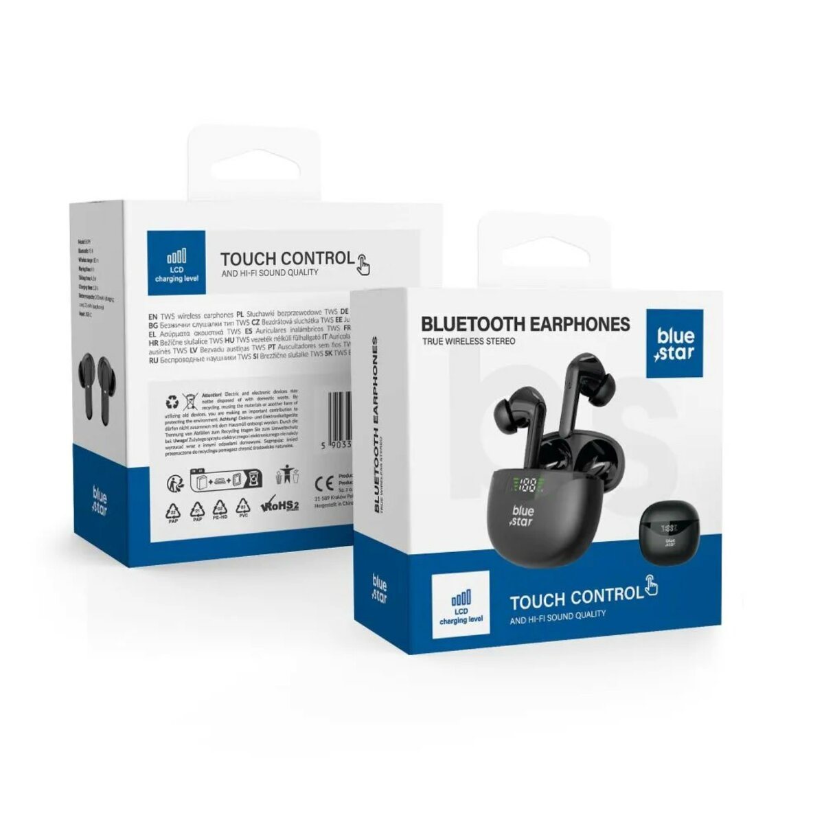 Due scatole di auricolari Bluetooth blue star. Una mostra gli auricolari e il livello di carica. L'altra mostra gli auricolari.