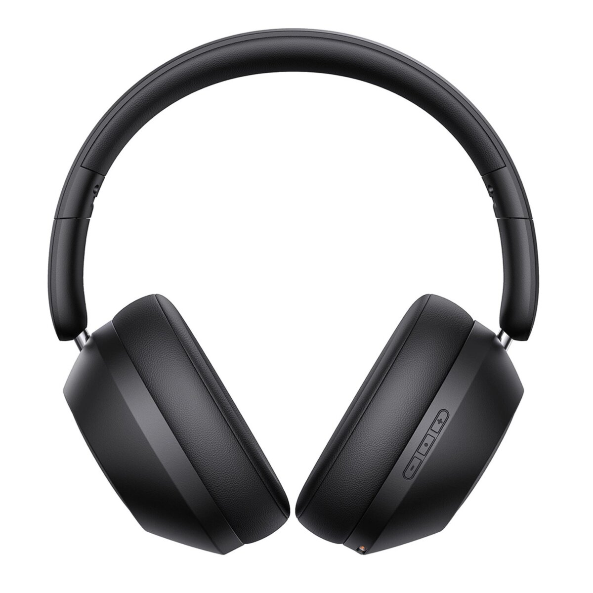 Cuffie over-ear nere su sfondo bianco. Le cuffie hanno archetto e padiglioni imbottiti, con controlli a pulsante.