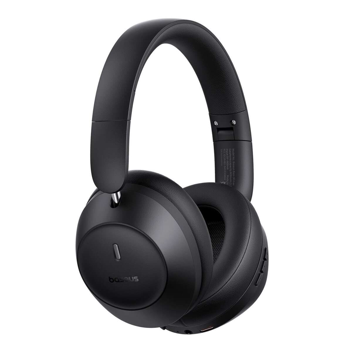 Cuffie over-ear nere. Hanno archetto e padiglioni imbottiti. Il marchio 'baseus' è visibile sul padiglione.