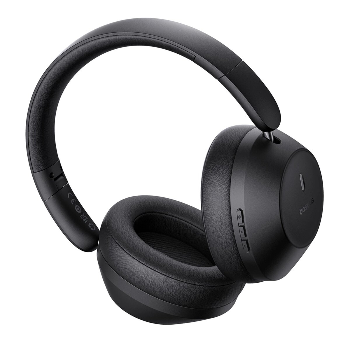 Cuffie Baseus nere over-ear, con fascia e padiglioni imbottiti. I pulsanti sono visibili su un padiglione.