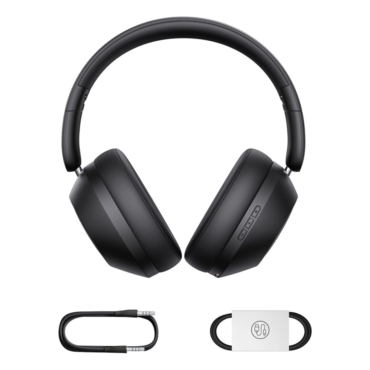 Cuffie over-ear nere con cavo e custodia. Le cuffie sono aperte e angolate, mostrando i padiglioni auricolari.