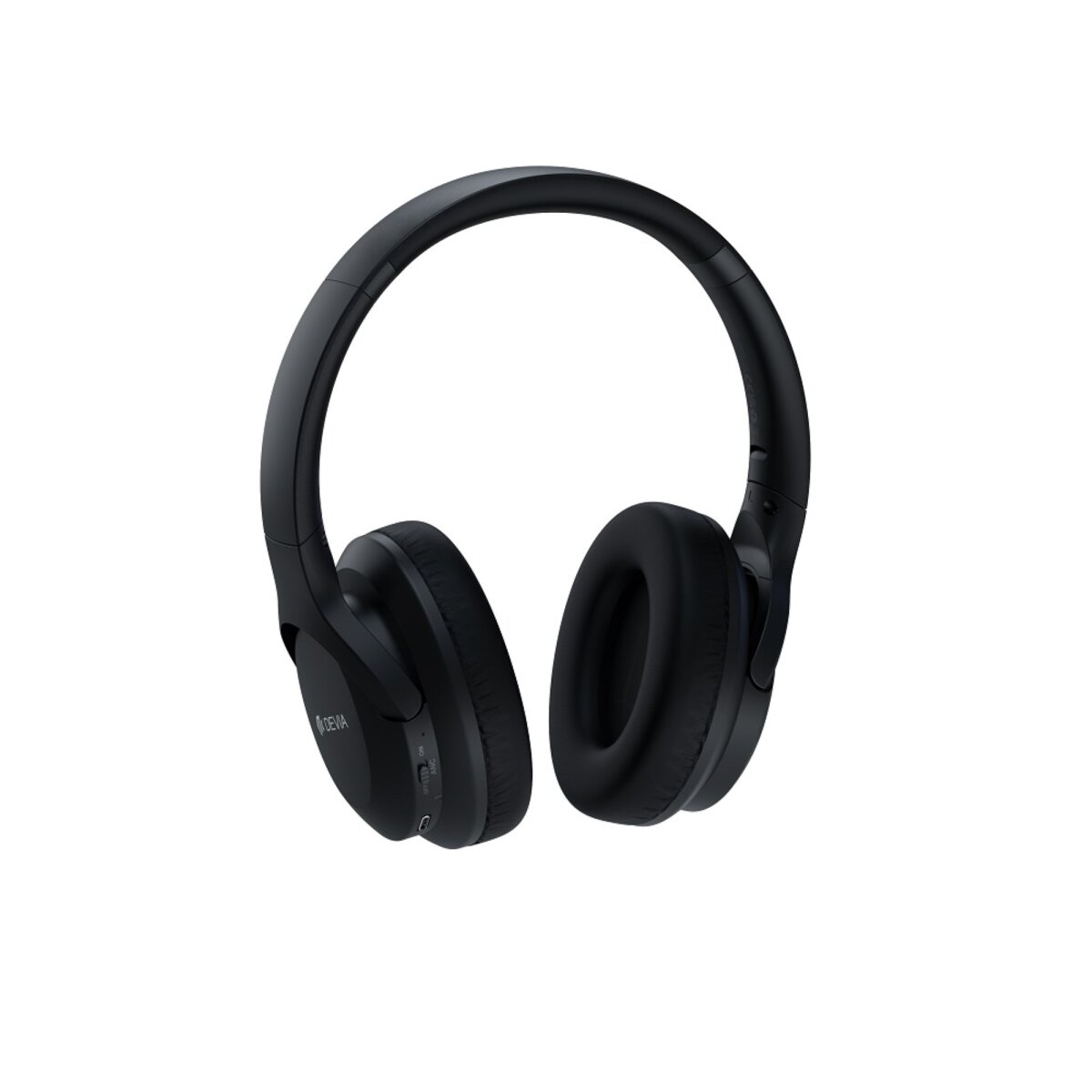 Cuffie over-ear nere su sfondo bianco. Le cuffie hanno un logo DEVA sul padiglione sinistro.