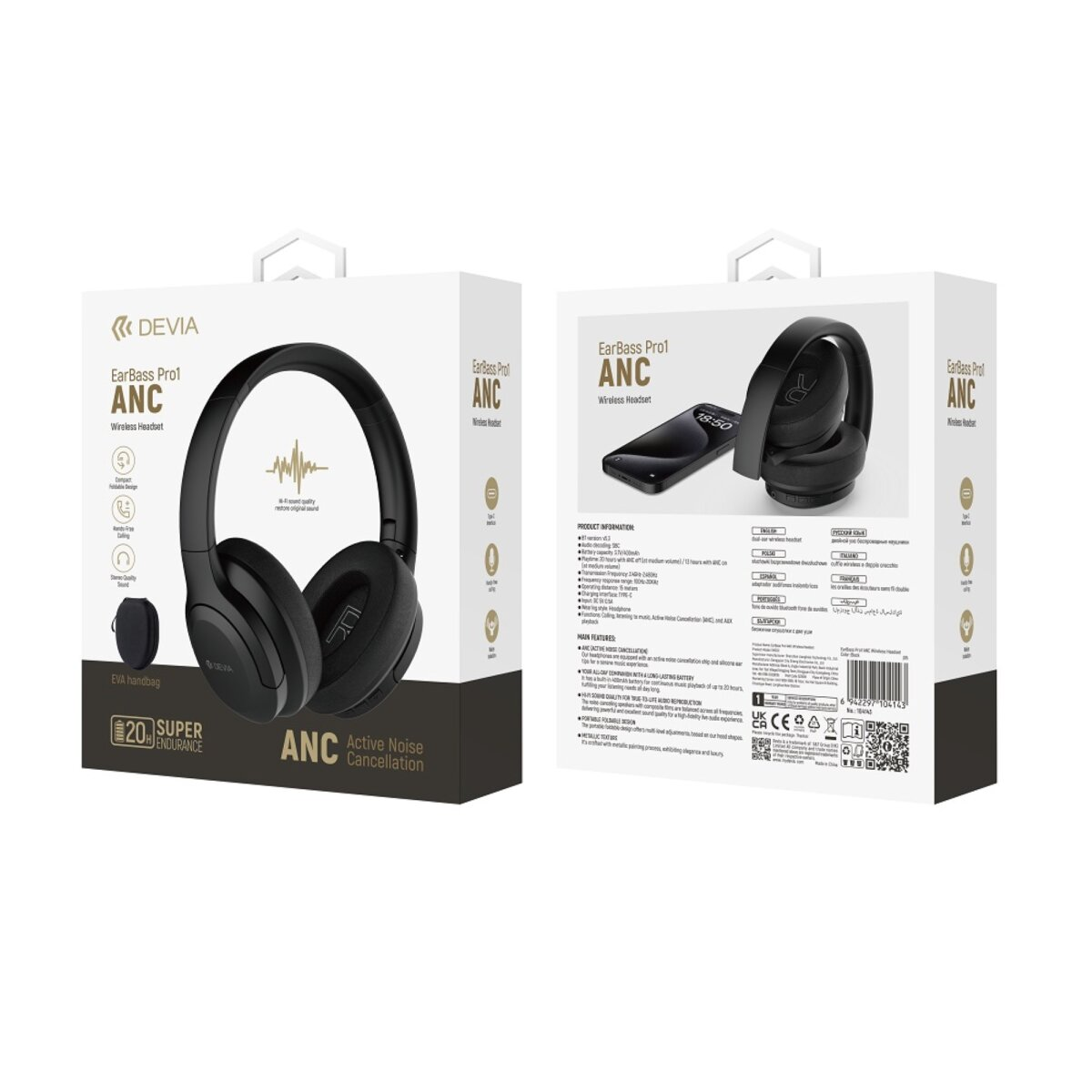 Scatola per cuffie wireless nere EarBass Pro1 ANC. La scatola mostra cuffie e caratteristiche: ANC, batteria da 20 ore e un telefono.