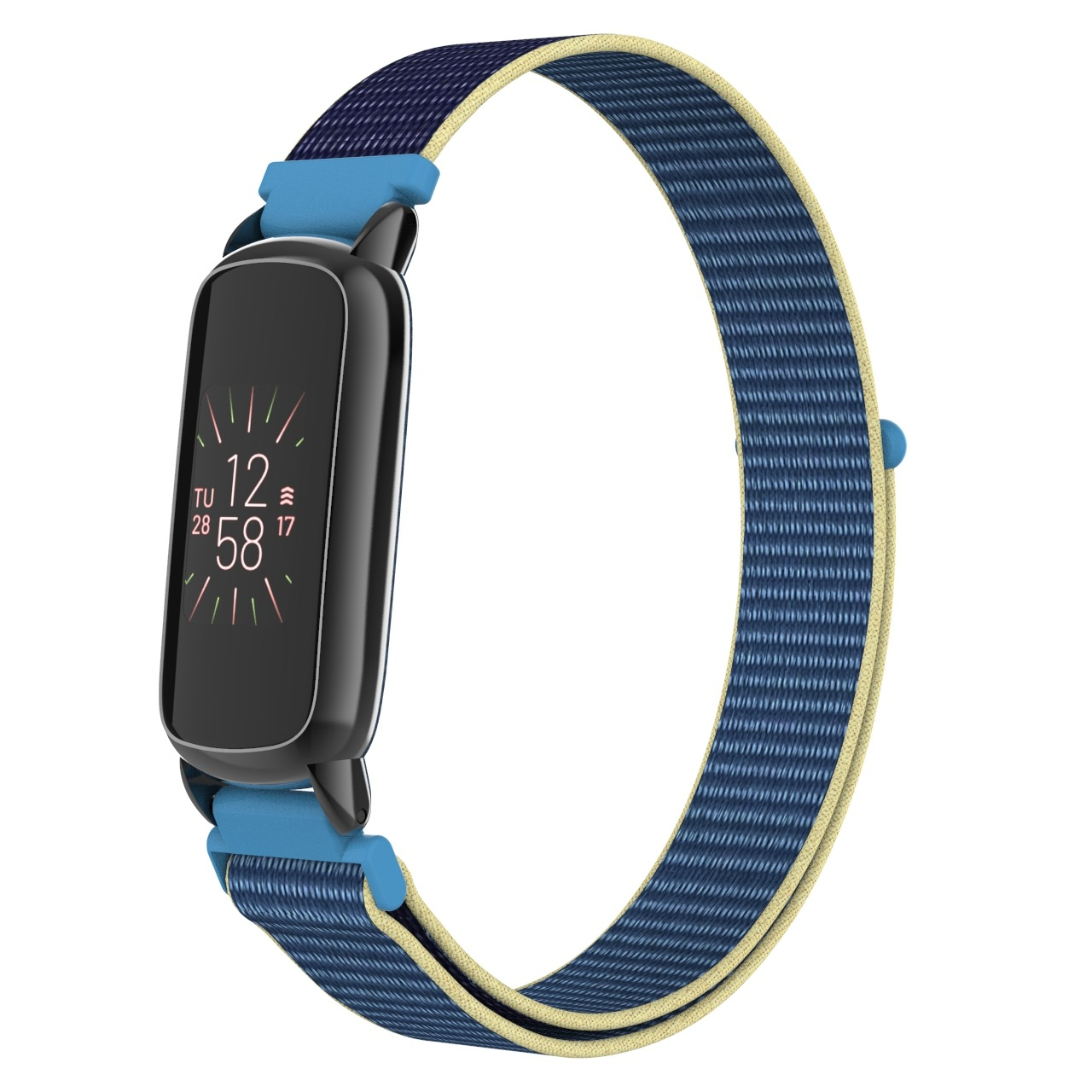 Uno smartwatch con cinturino in tessuto blu e blu navy. L'orologio mostra ora, data e dati di attività.