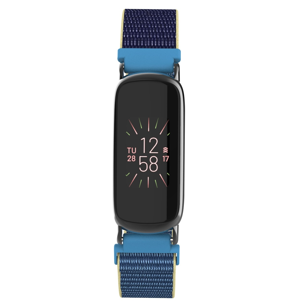 Uno smartwatch nero con cinturino blu. Il quadrante mostra l'ora. Il cinturino ha un tessuto blu navy con accenti azzurri.
