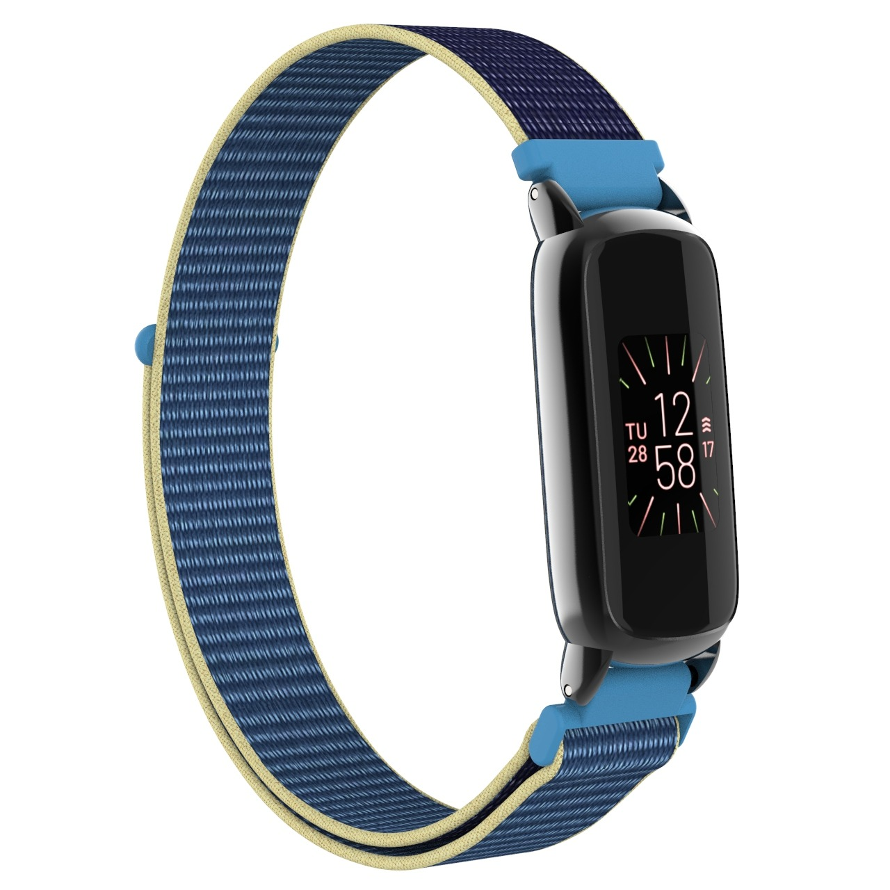Un fitness tracker nero con cinturino in tessuto blu e blu navy. Lo schermo mostra l'ora. Il cinturino ha bordi gialli.