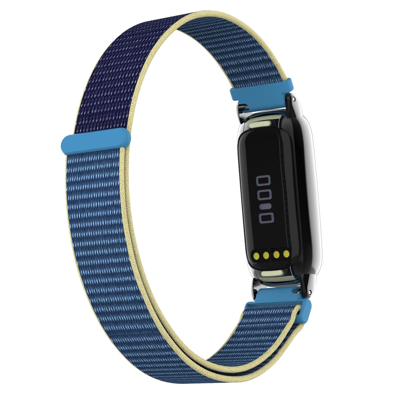 Cinturino per smartwatch in tessuto blu e blu navy con schermo nero. Il cinturino ha accenti azzurri. Lo schermo mostra numeri e punti gialli.