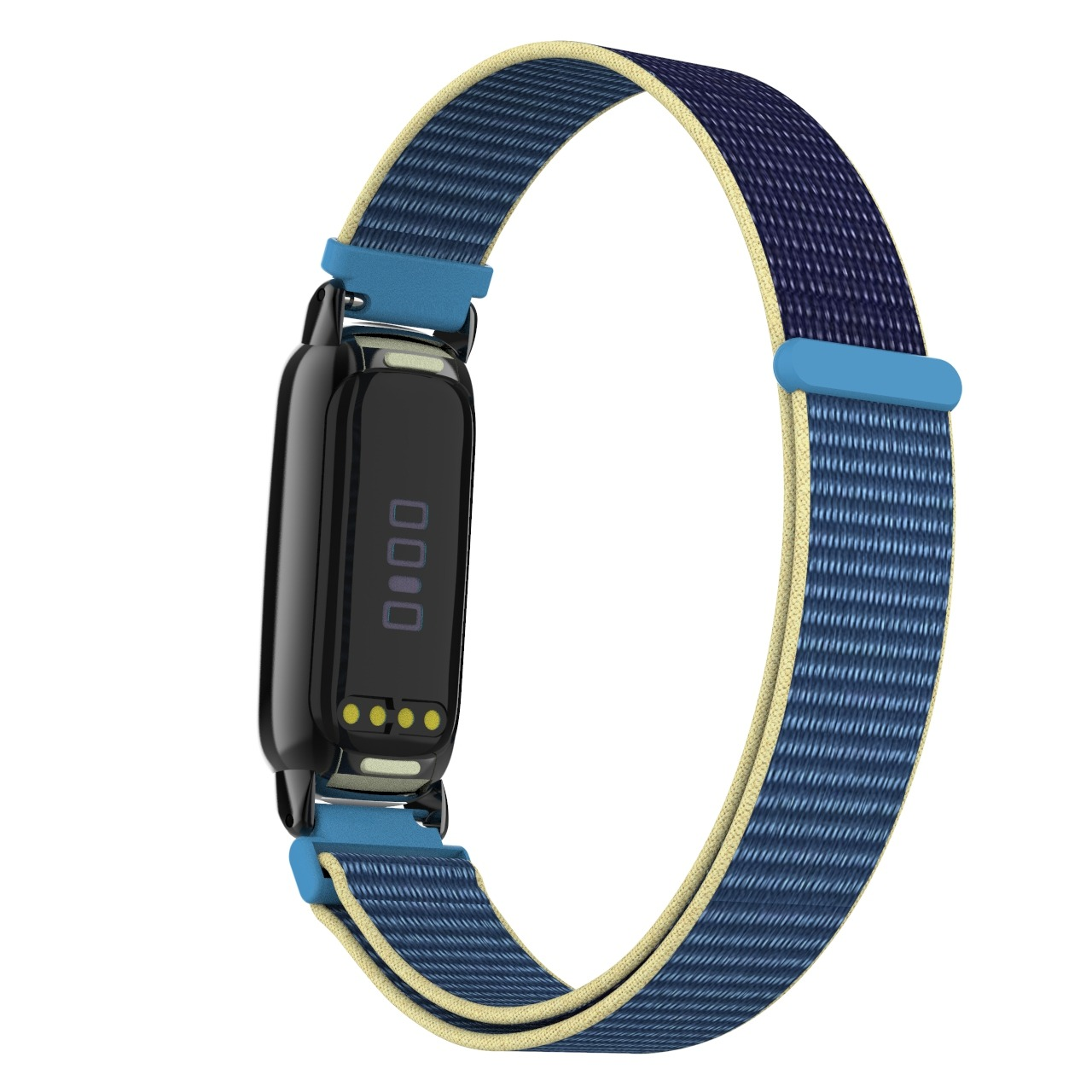 Un fitness tracker nero con cinturino in tessuto blu e beige è mostrato su sfondo bianco. Lo schermo mostra l'ora e gli indicatori della batteria.