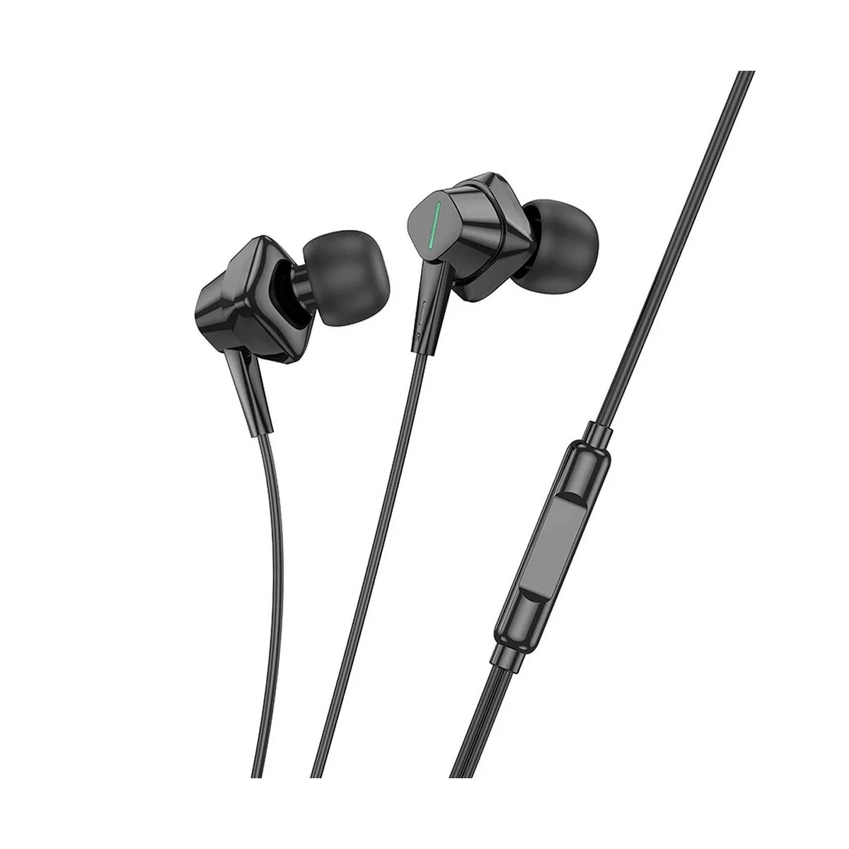 Cuffie in-ear nere con microfono. Le cuffie sono su sfondo bianco. Il cavo ha un pannello di controllo.