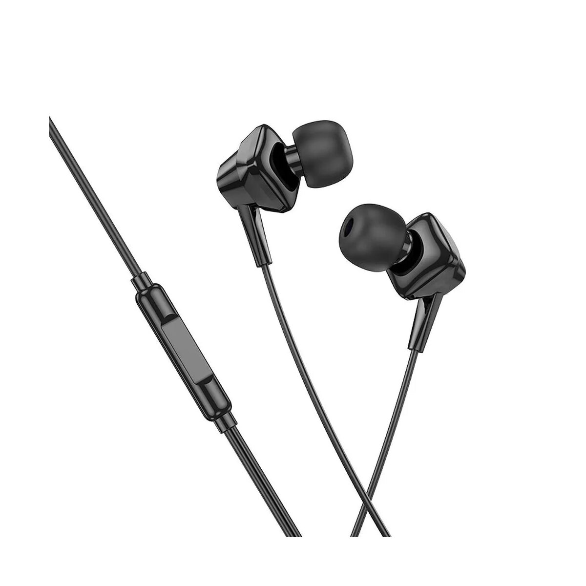 Auricolari neri con filo su sfondo bianco. Gli auricolari hanno un modulo di controllo e sono leggermente angolati.