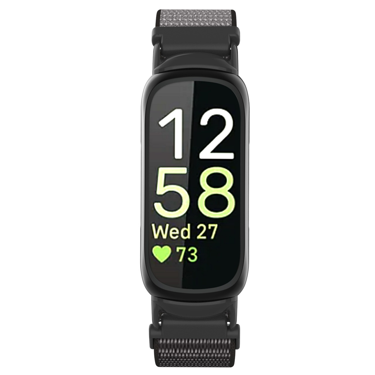 Smartwatch nera che mostra l'ora 12:58, data mer 27, frequenza cardiaca 73. Cinturini grigi e corpo nero.