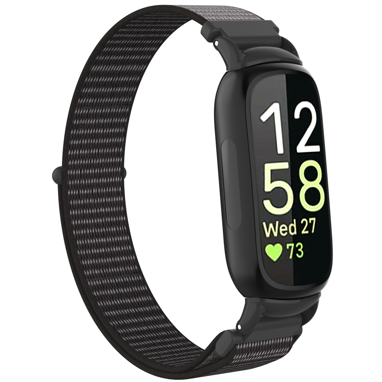 Un fitness tracker nero con cinturino in tessuto nero e grigio. Lo schermo mostra l'ora 12:58, mercoledì 27 e una frequenza cardiaca di 73.