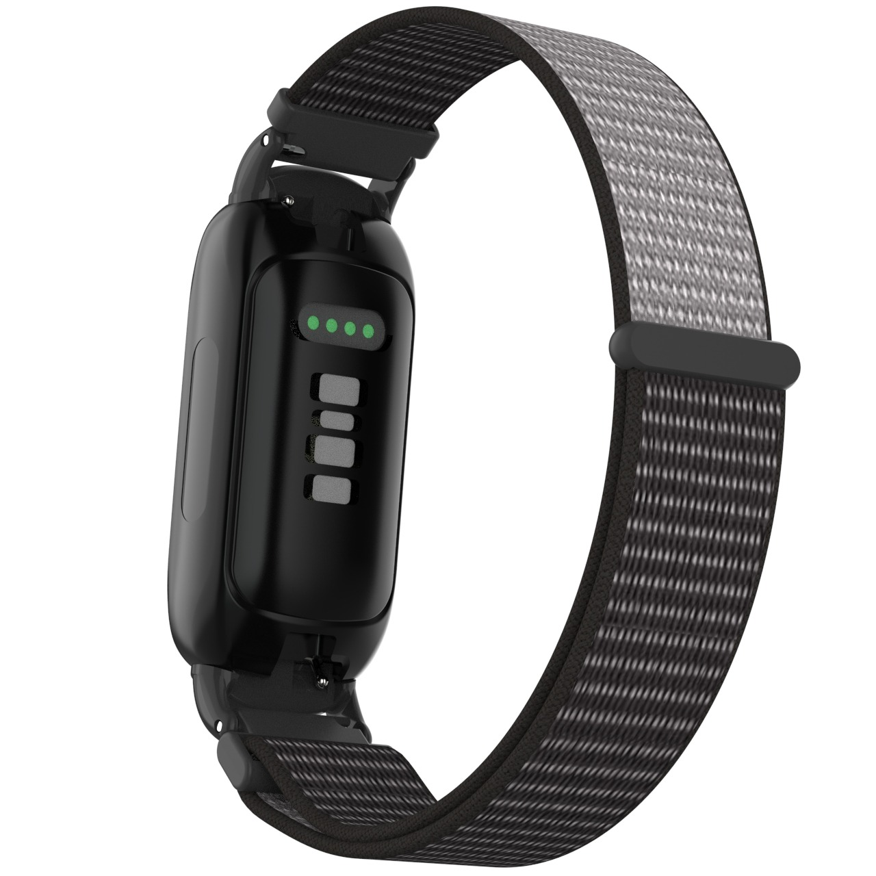 Fitness tracker nero con cinturino in tessuto grigio e nero. Lo schermo mostra indicatori verdi e grigi. Isolato su sfondo bianco.