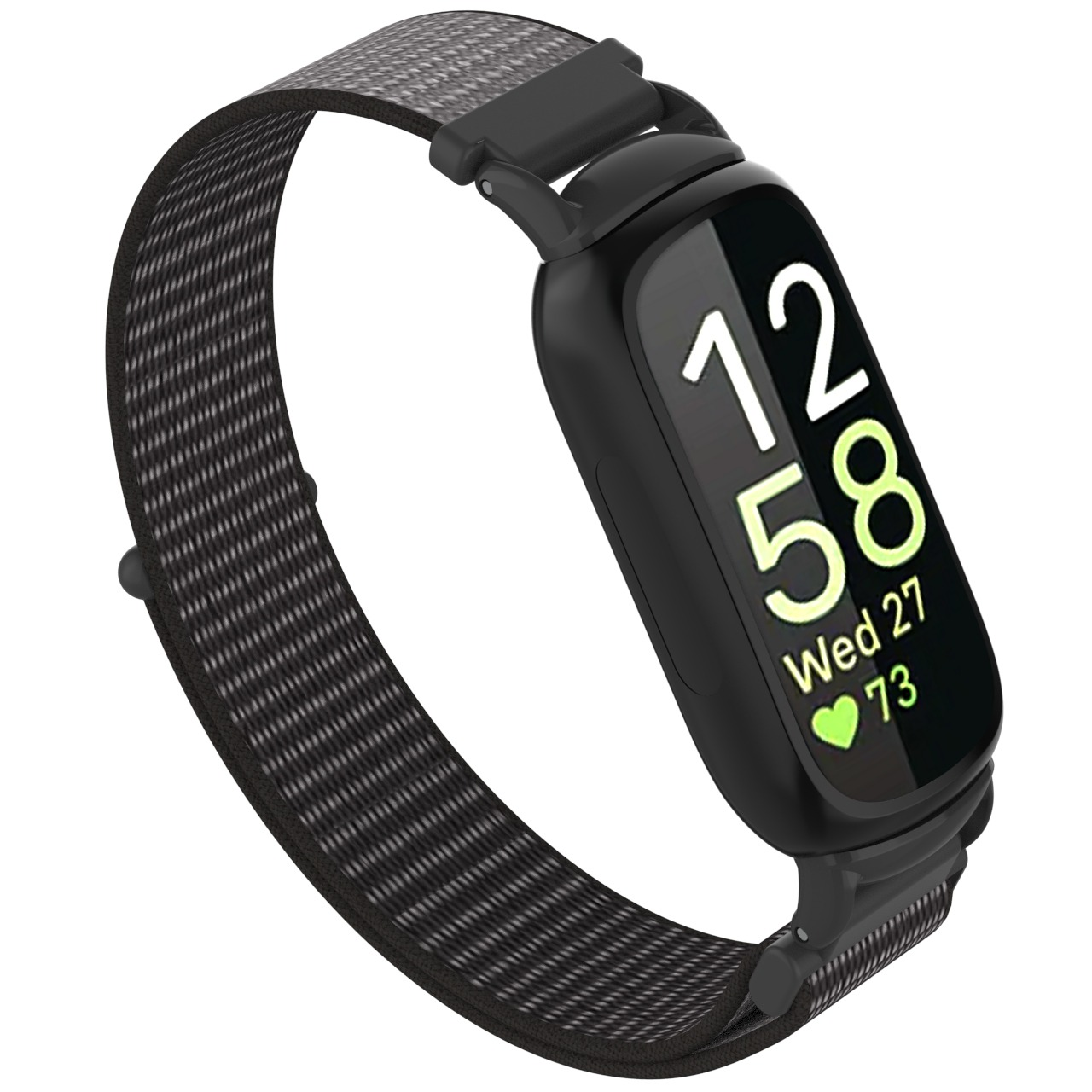 Uno smartwatch nero mostra ora, data e frequenza cardiaca. Ha un cinturino in tessuto nero e grigio.