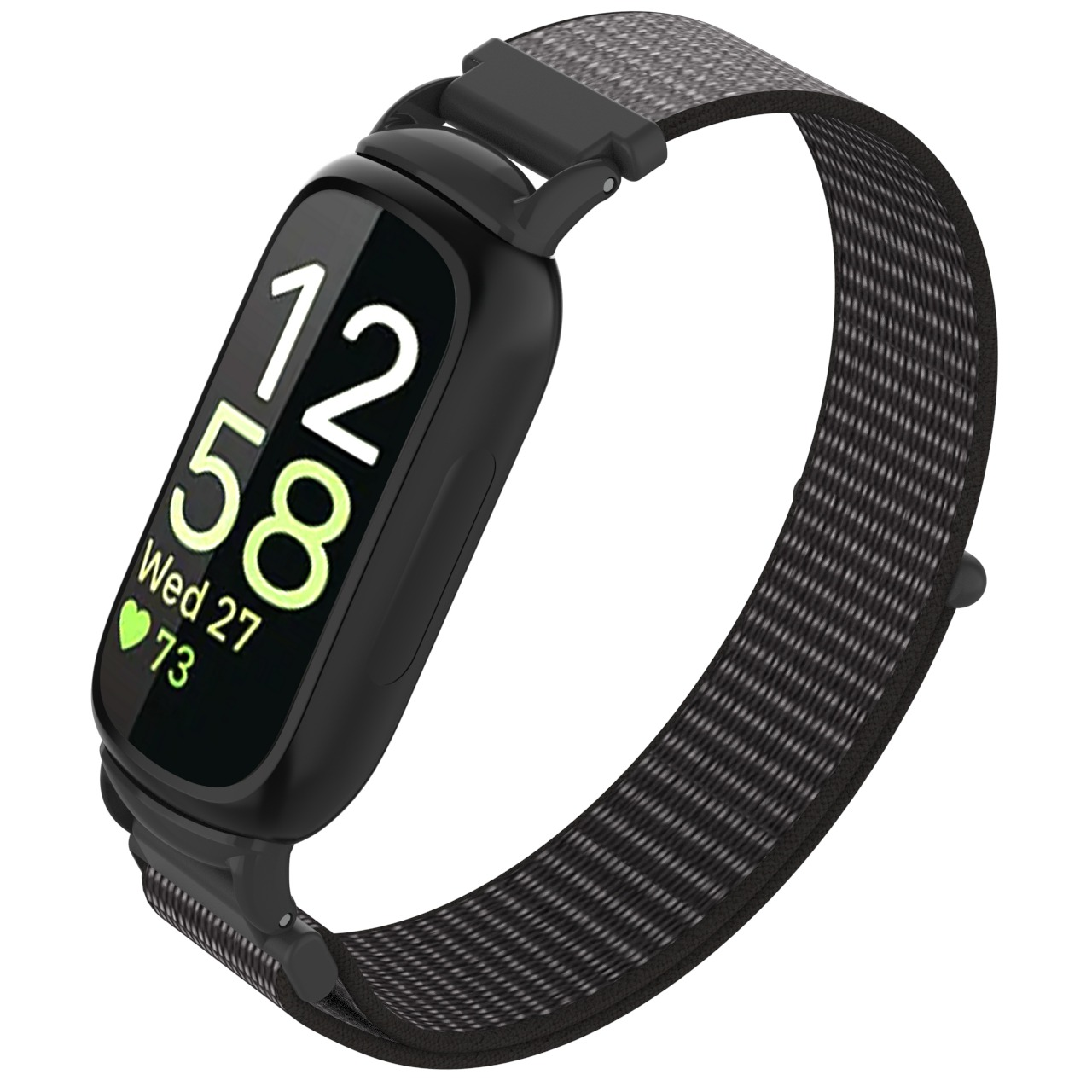 Uno smartwatch nero mostra l'ora e la data. Ha un cinturino in tessuto grigio. Lo schermo mostra ora, data e frequenza cardiaca.