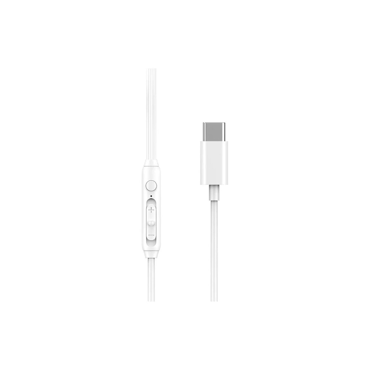 Weiße Ohrhörer mit Steuerung und USB-C-Anschluss auf weißem Hintergrund.