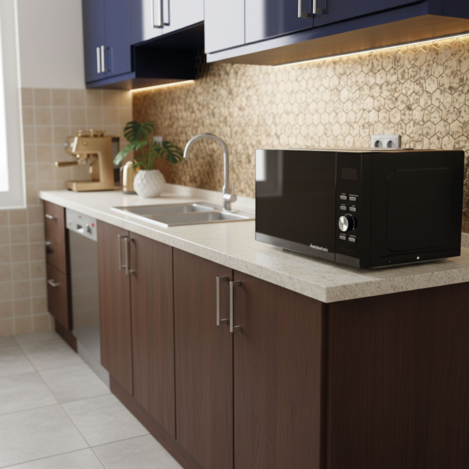 Una cocina moderna con microondas, fregadero y armarios. Se ve un salpicadero dorado y armarios de madera oscura.