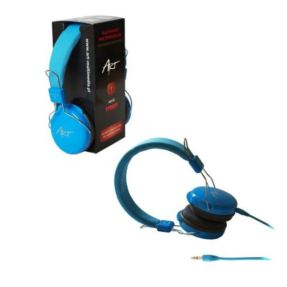 Blaue Kopfhörer mit schwarzen Ohrmuscheln werden mit ihrer Verpackung präsentiert. Die Verpackung ist eine schwarze Schachtel mit weißem Text.