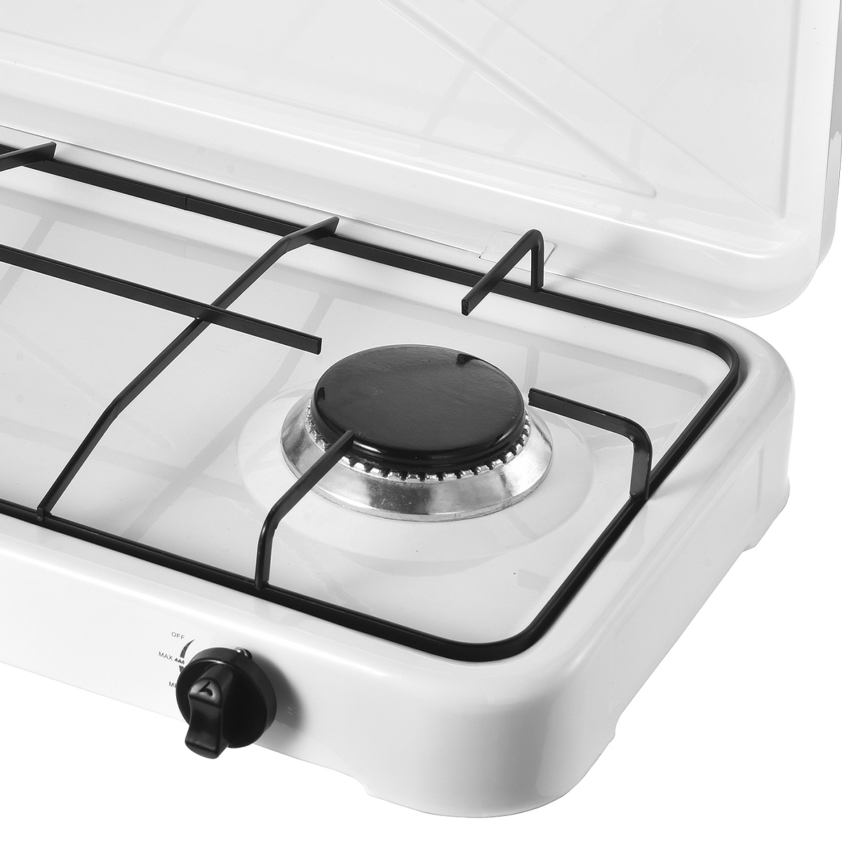 Un fornello a gas portatile bianco con un bruciatore e una manopola di controllo neri. Il fornello ha una griglia in metallo nero e un coperchio.