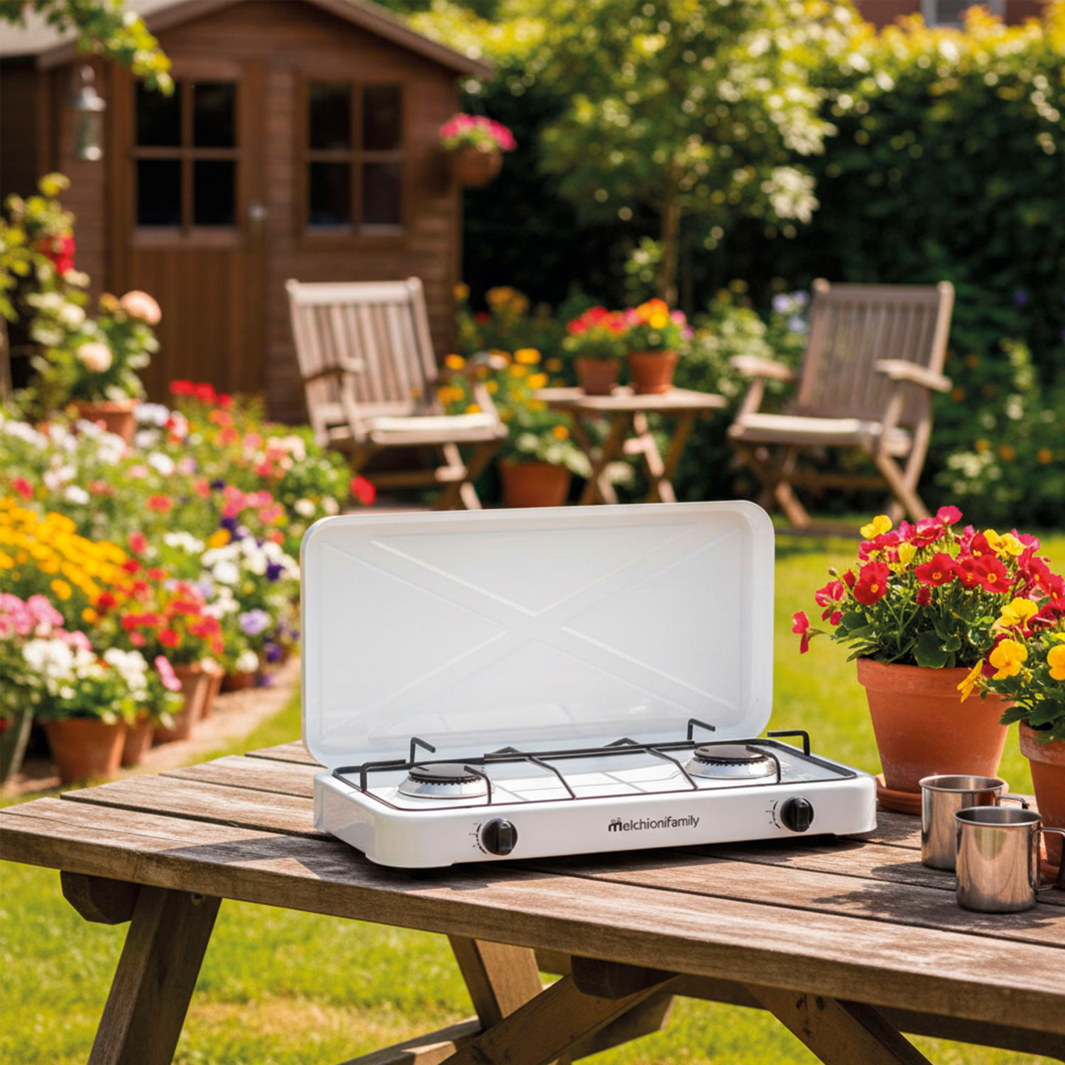 Un fornello portatile bianco su un tavolo di legno in un giardino. Vasi di fiori, sedie e un capanno sullo sfondo.