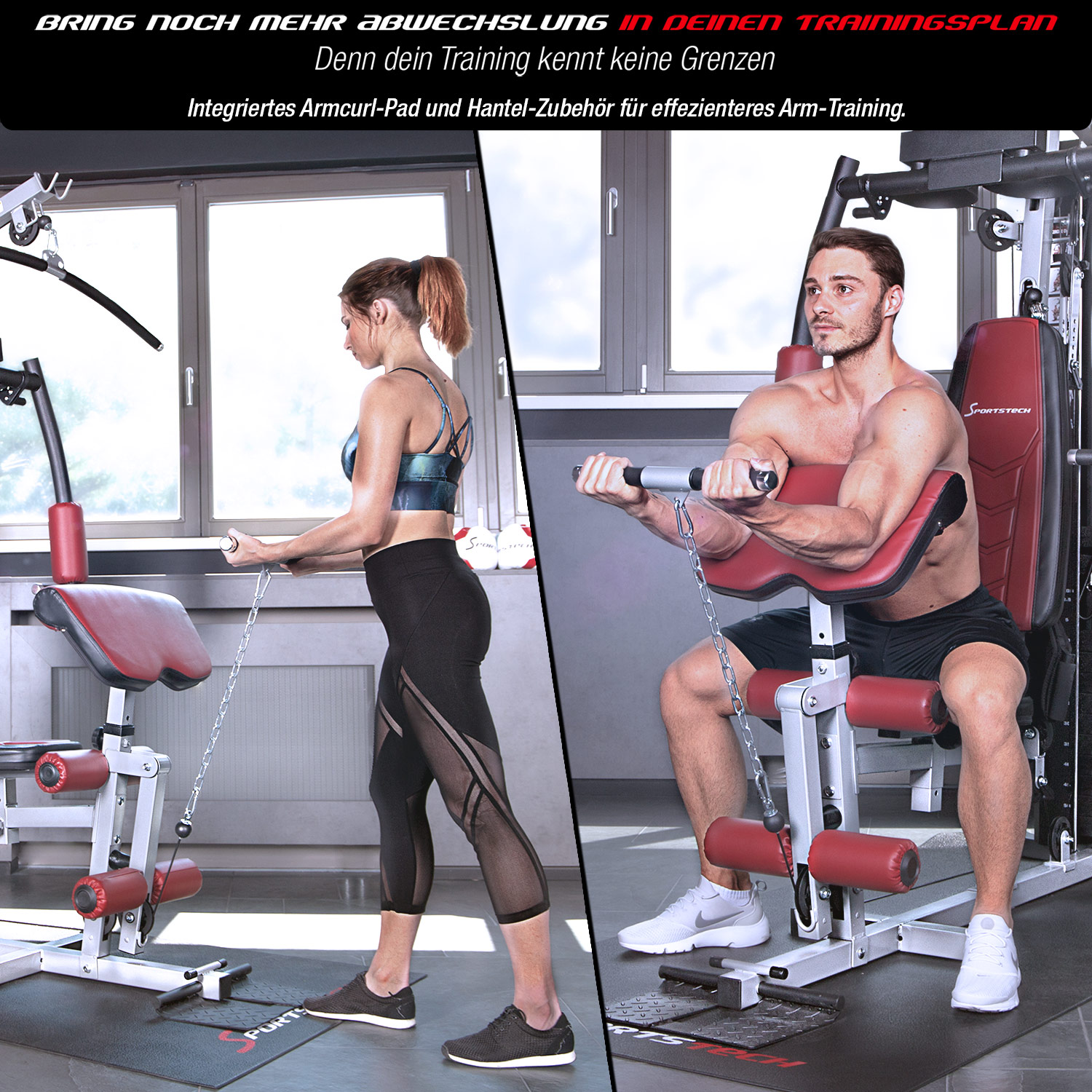Eine Frau und ein Mann trainieren in einem Fitnessstudio. Sie benutzen Trainingsgeräte. Die Frau ist links und der Mann rechts.