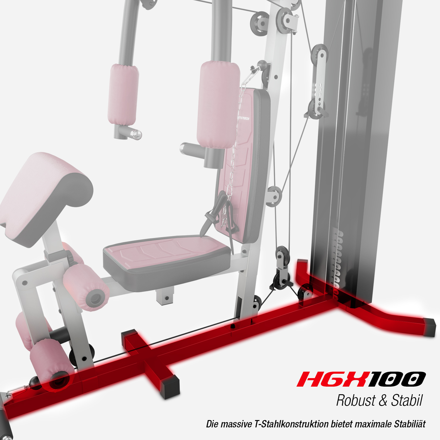 Ein Multigym-Gerät, hauptsächlich weiß und rot. Es hat rosa Polsterung und einen schwarzen Rahmen. Es ist mit HGX100, Robust & Stabil beschriftet.