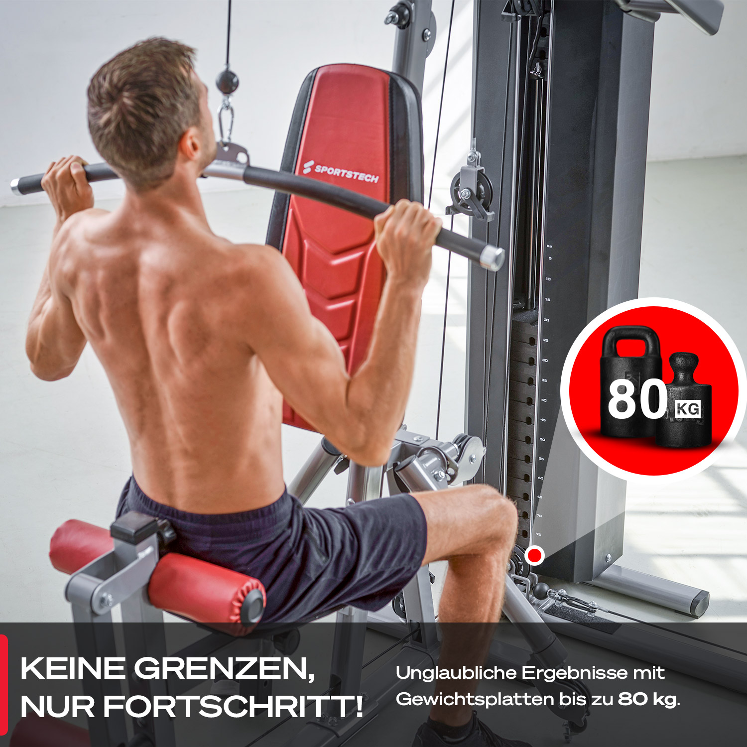 Ein Mann trainiert an einer Fitnessmaschine. Die Maschine ist schwarz und rot. Gewichte werden gezeigt. Text: 'Keine Grenzen, nur Fortschritt!'