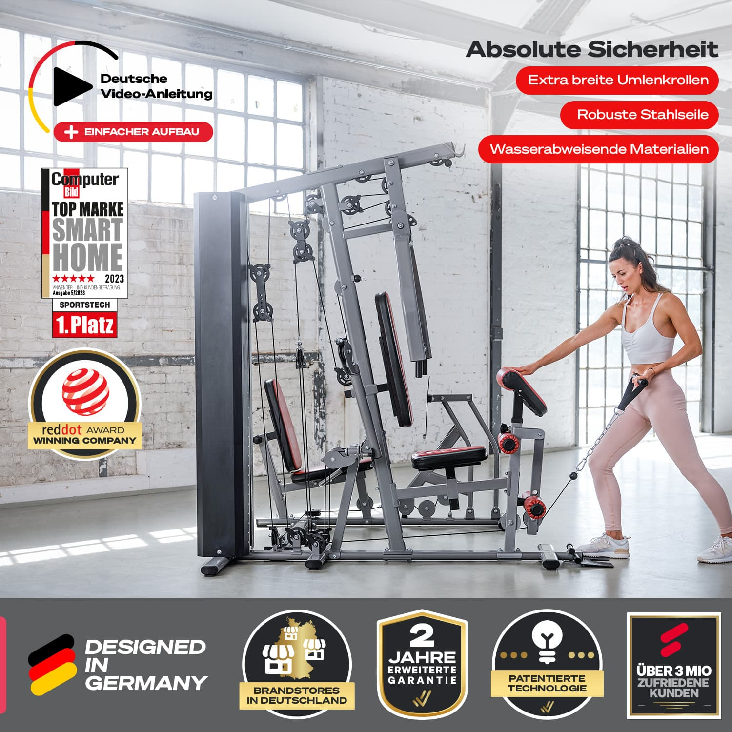 Eine Frau benutzt ein Fitnessgerät. Die Maschine ist schwarz und grau. Der Hintergrund hat Auszeichnungen und Text.