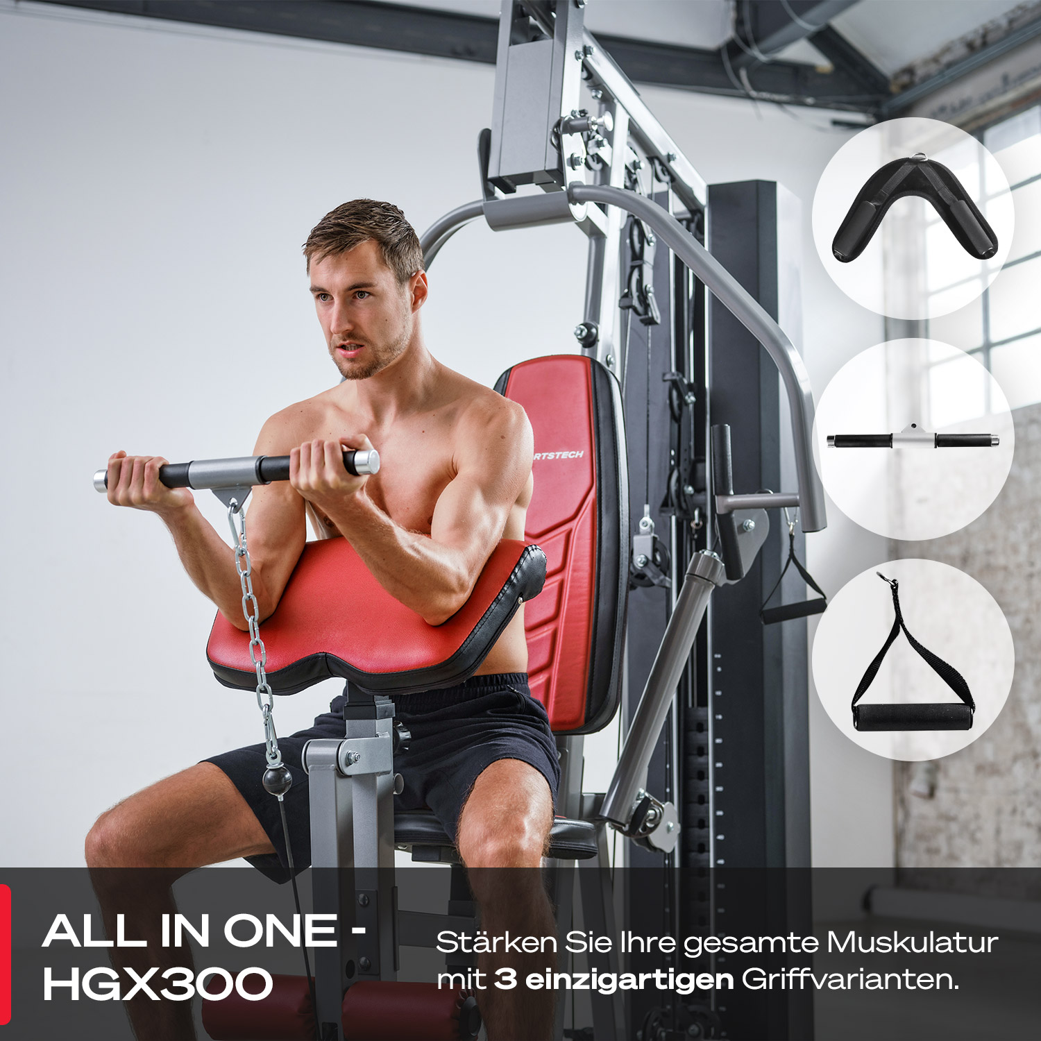 Mann trainiert an einer Fitnessmaschine mit rotem Sitz. Drei Griffoptionen werden gezeigt. Text: ALL IN ONE - HGX300 und Text auf Deutsch.