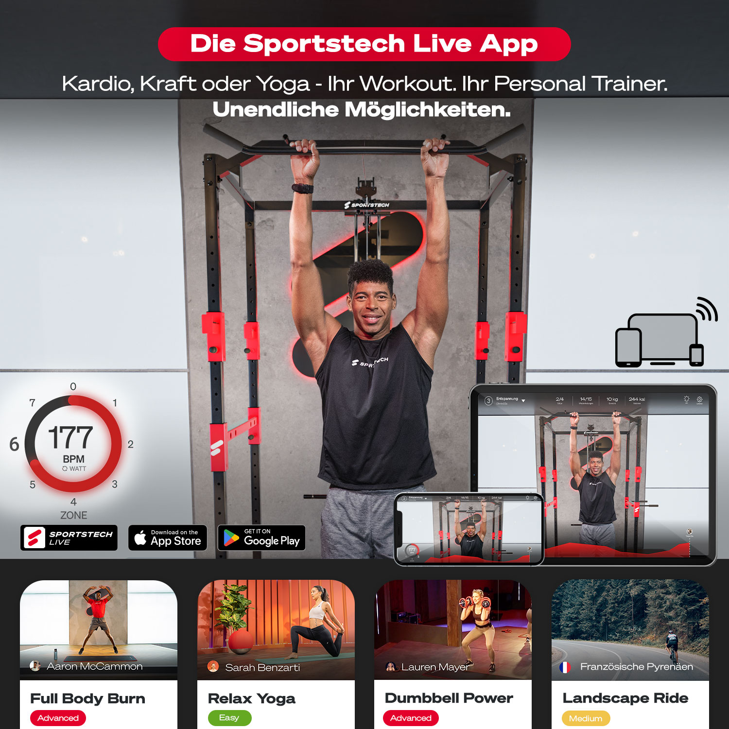 Mann macht Klimmzüge im Fitnessstudio. App-Oberfläche auf Tablet und Telefon. Sportstech Live Logo und Workout-Optionen sichtbar.