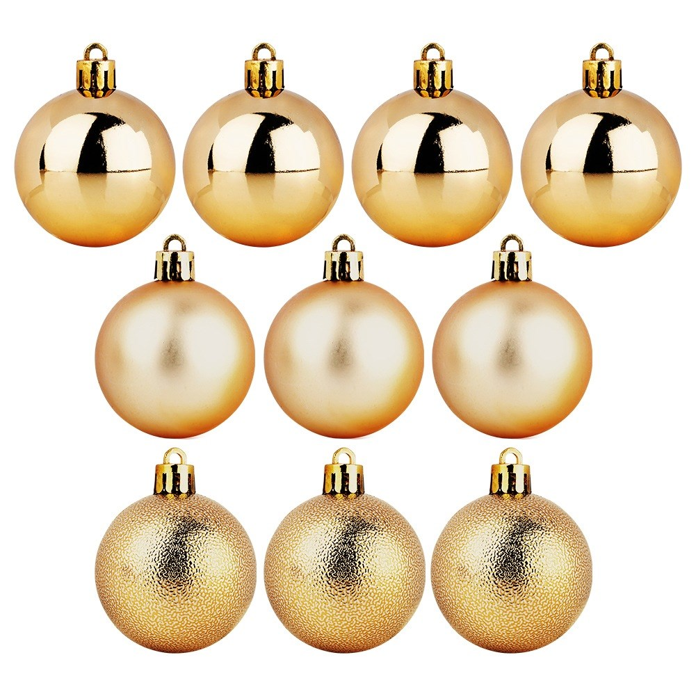 Nueve adornos navideños dorados están dispuestos en tres filas. La fila superior tiene adornos brillantes, la fila del medio mate y la fila inferior texturizada.