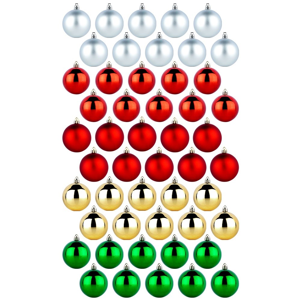 Filas de adornos navideños en plata, rojo, dorado y verde dispuestos sobre fondo blanco.