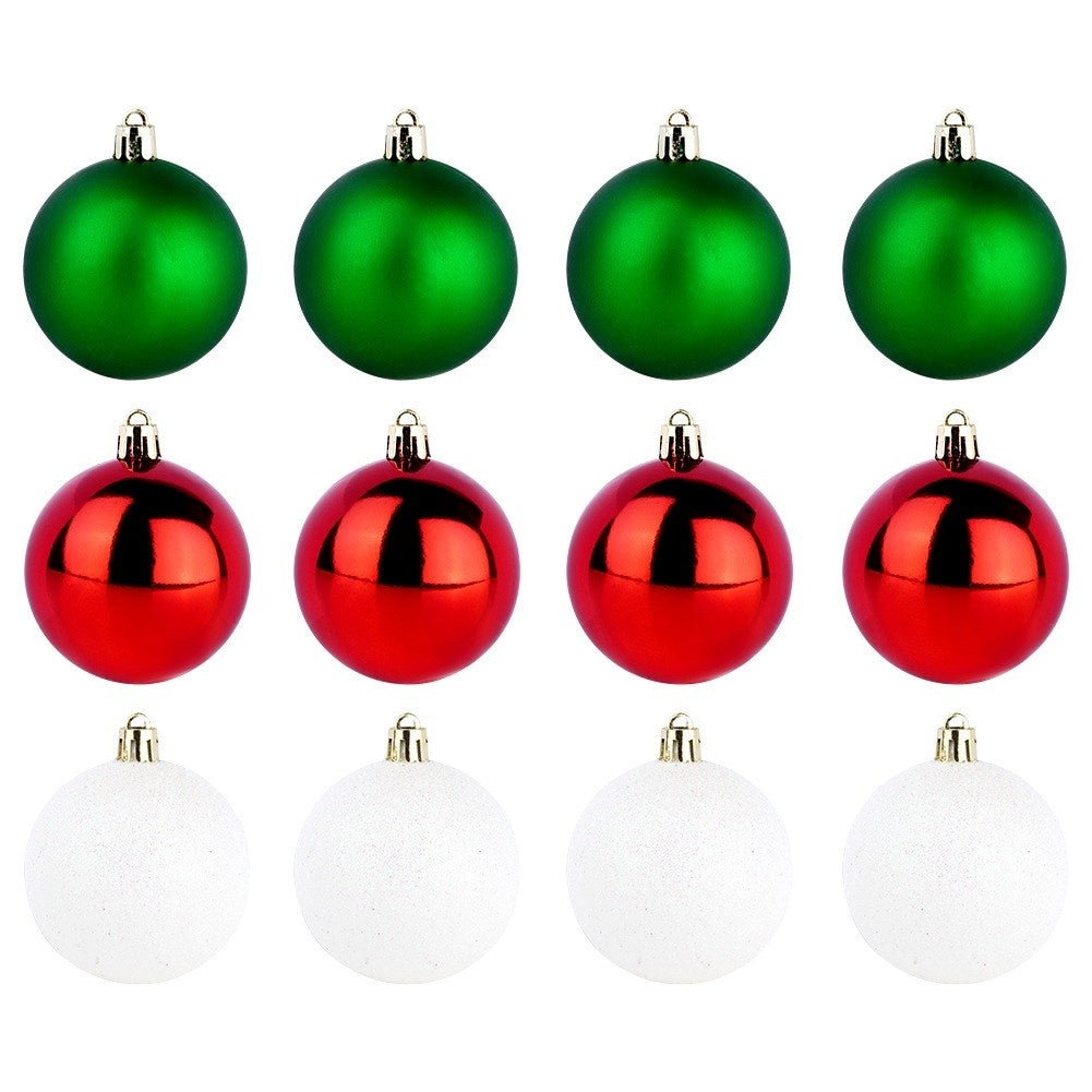 Disposición de 12 adornos navideños: verde, rojo y blanco. Cada adorno tiene una tapa dorada.
