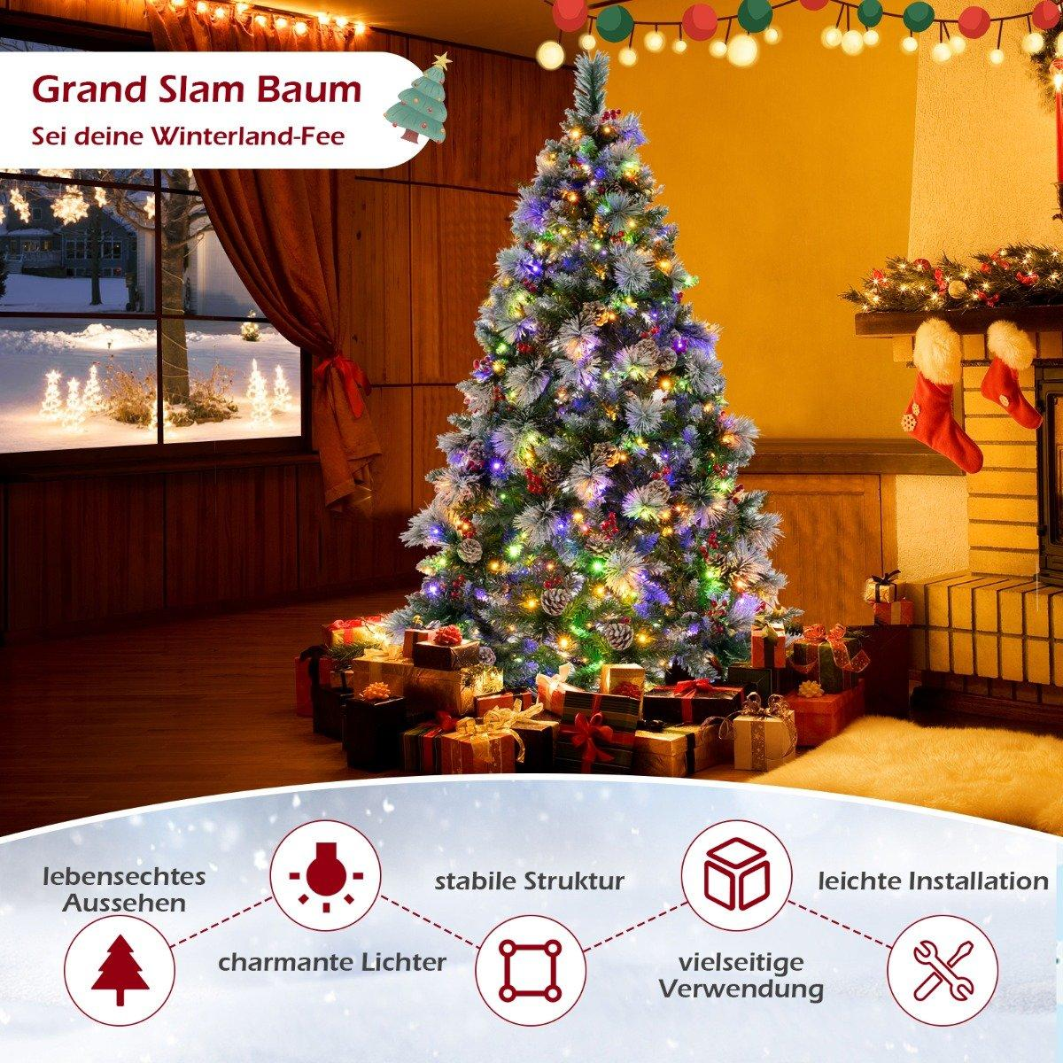 Un árbol de Navidad decorado con luces y regalos. Una ventana muestra una escena nevada. Una chimenea con calcetines está en el fondo.
