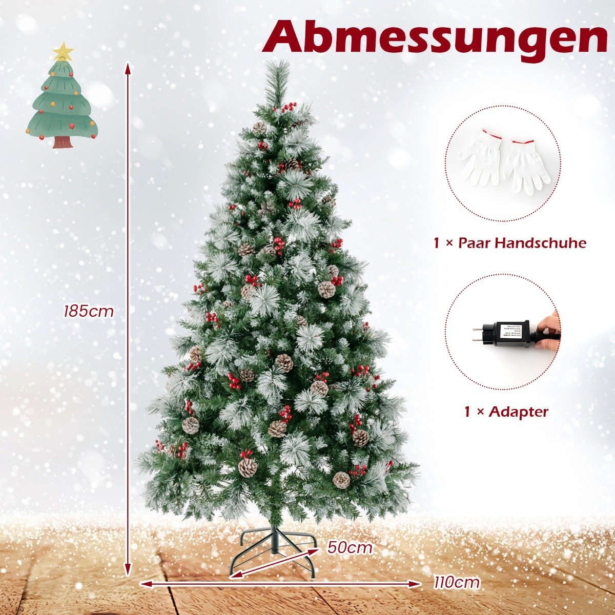 Un árbol de Navidad con dimensiones. Incluye guantes, adaptador y medidas: 185 cm de altura, 50 cm de base y 110 cm de ancho.