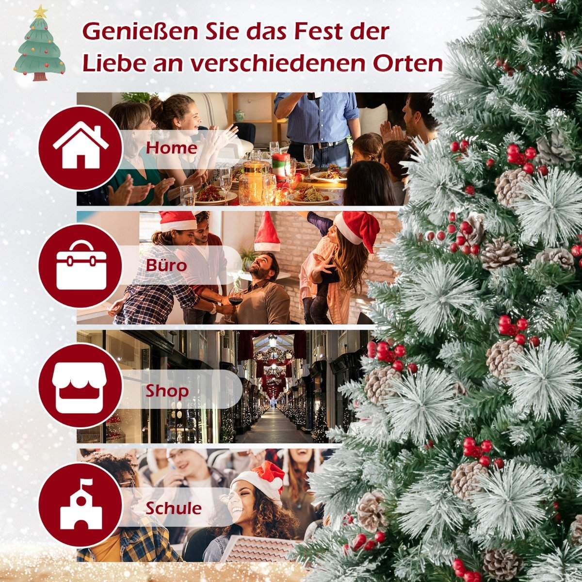 Un árbol de Navidad con escenas: hogar, oficina, tienda, escuela. Gente celebrando Navidad con decoraciones festivas.