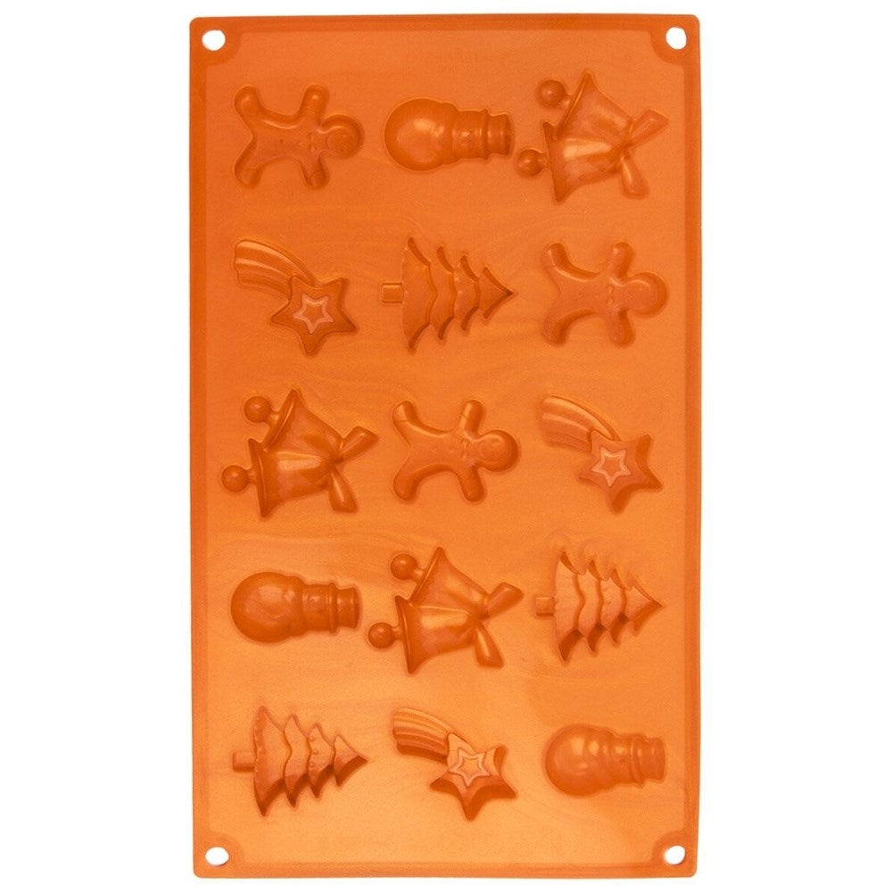 Molde de silicona naranja con formas navideñas: estrella, árbol de Navidad, campana, hombre de jengibre y cilindro.