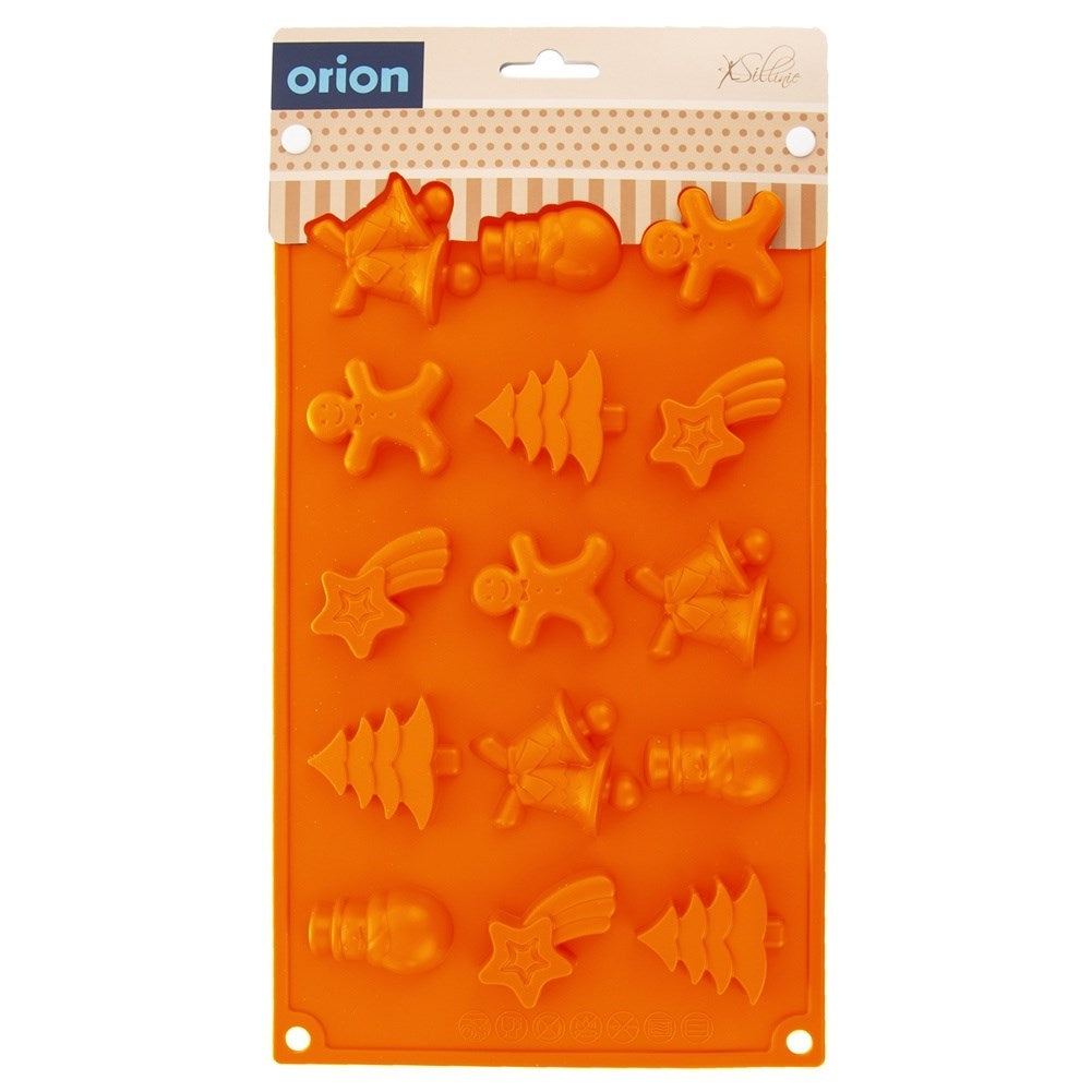 Molde de silicona naranja con formas navideñas: estrella, hombre de jengibre, árbol de Navidad, campana y bombilla. Está sobre un fondo blanco.