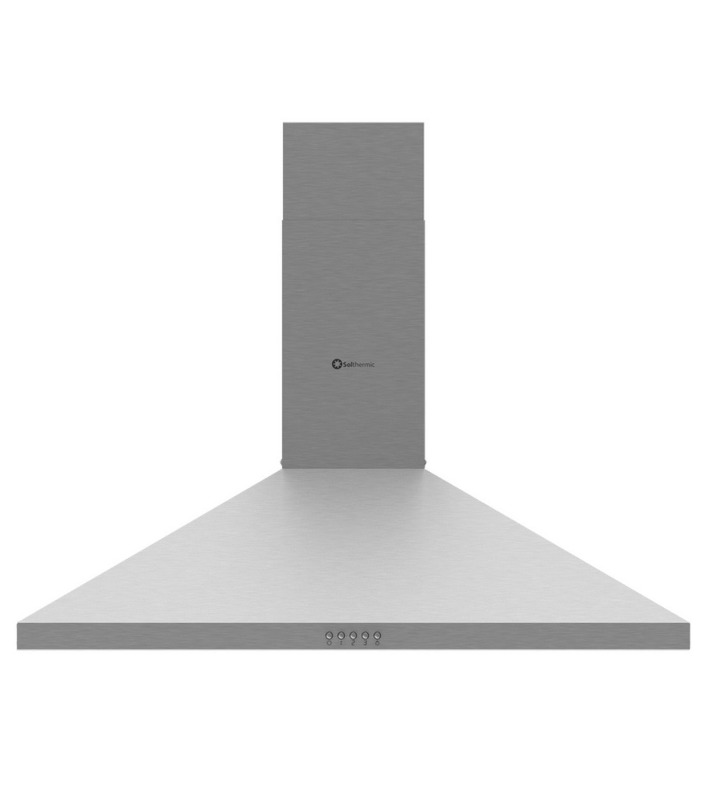 Una campana extractora de acero inoxidable, marca Soltherm. Tiene un cuerpo rectangular y una base trapezoidal. Los botones son visibles.