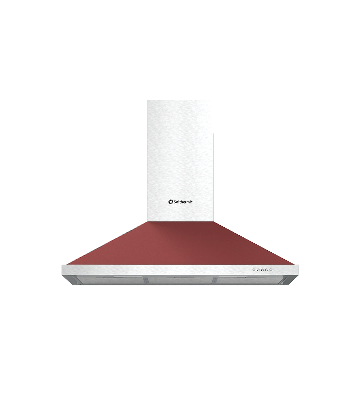 Una campana extractora Solthermic roja y plateada sobre un fondo negro. Tiene una sección roja en ángulo y una chimenea y base plateadas.