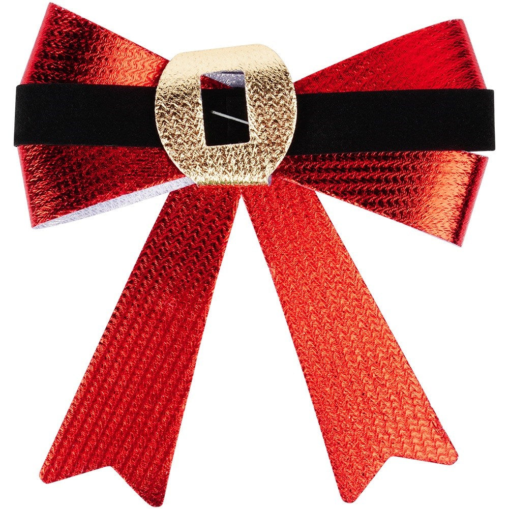 Un lazo navideño rojo y dorado. Tiene una banda negra en el medio con una hebilla dorada. La textura del lazo es brillante y metálica.