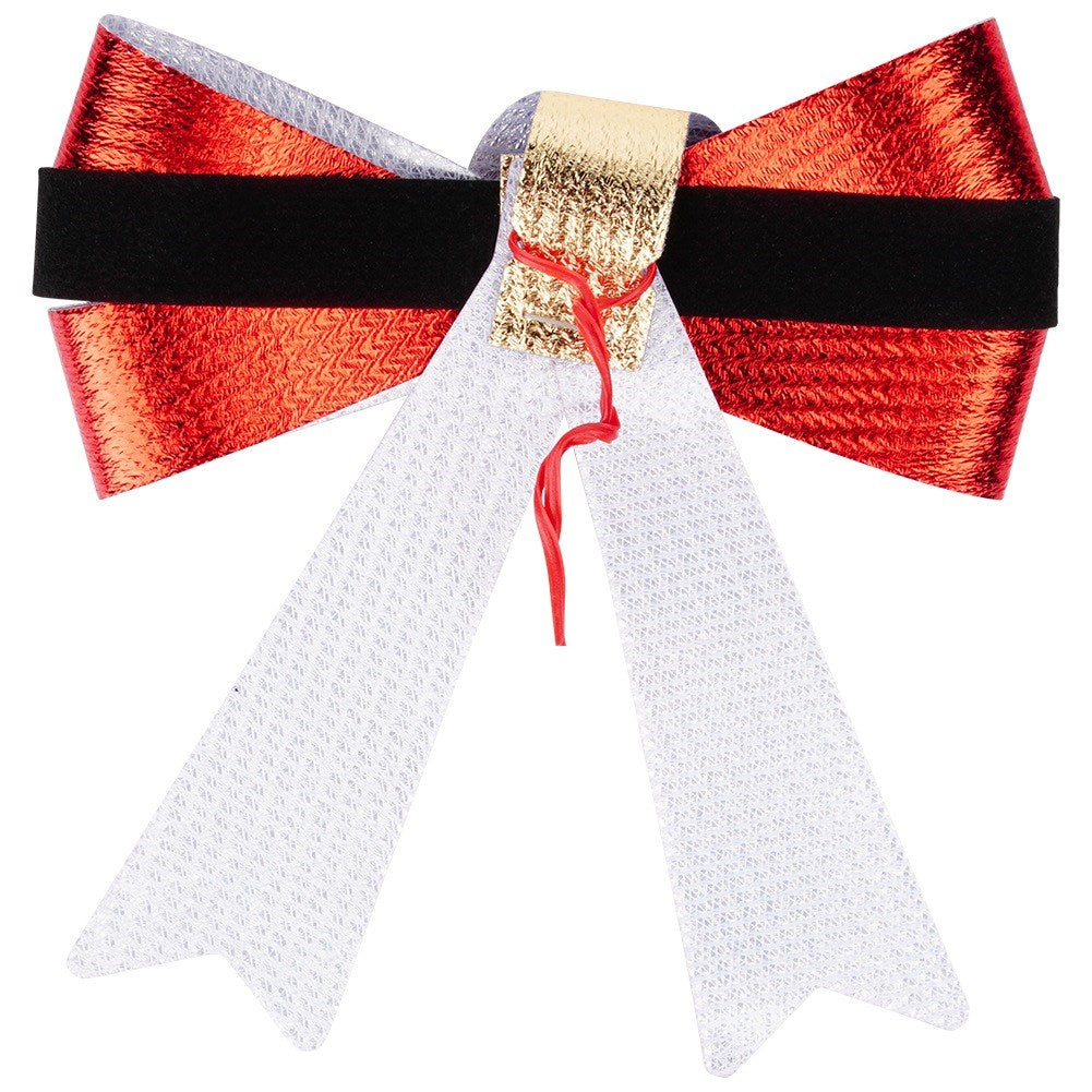 Lazo decorativo con tela metálica roja y plateada, banda negra, centro dorado y colas de tela blanca.