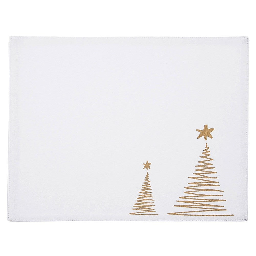 Mantel individual blanco con dos diseños dorados de árboles de Navidad. Cada árbol tiene una estrella. El fondo es blanco.