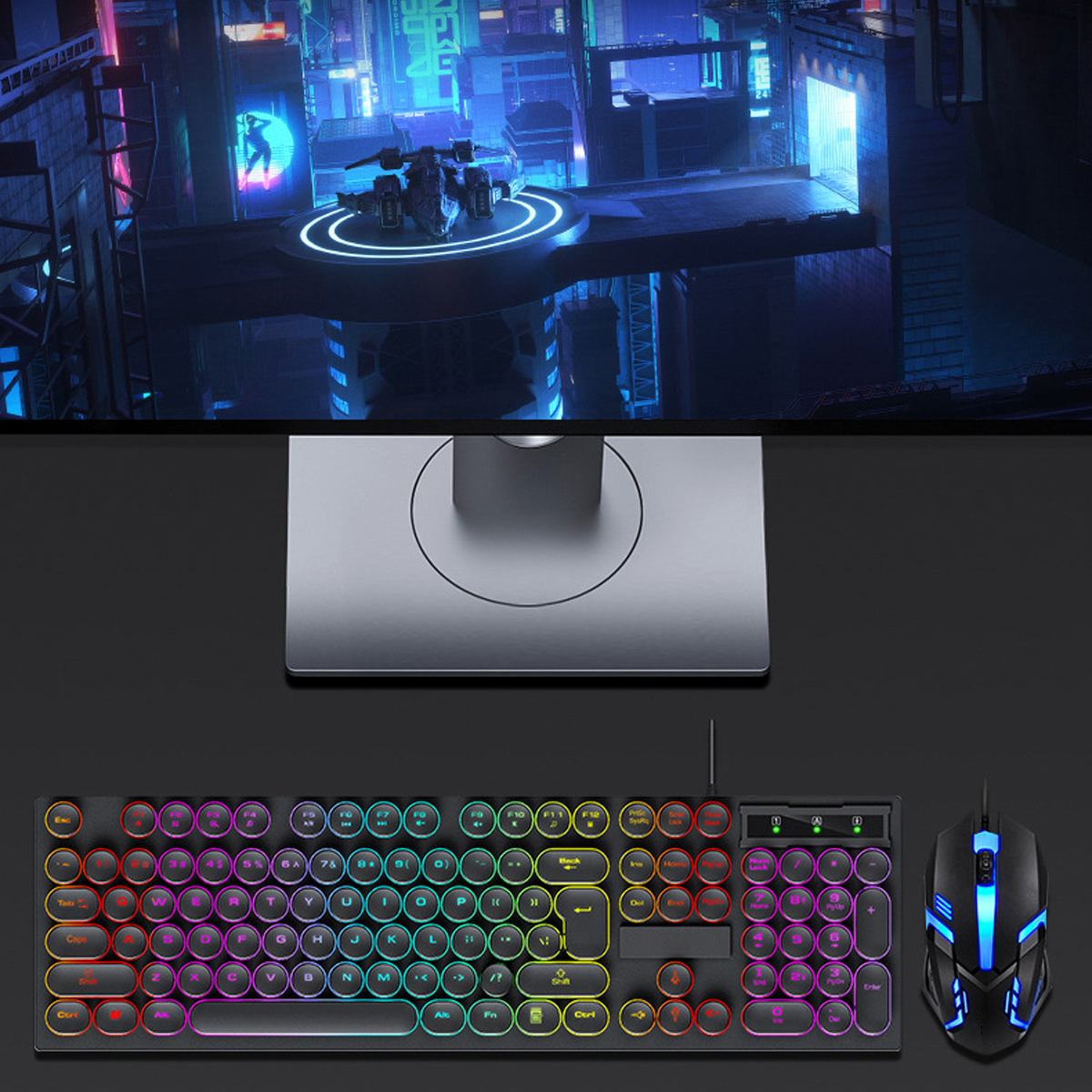 Futurystyczna scena miasta u góry, z klawiaturą i myszką na dole. Klawiatura i mysz mają kolorowe światła.