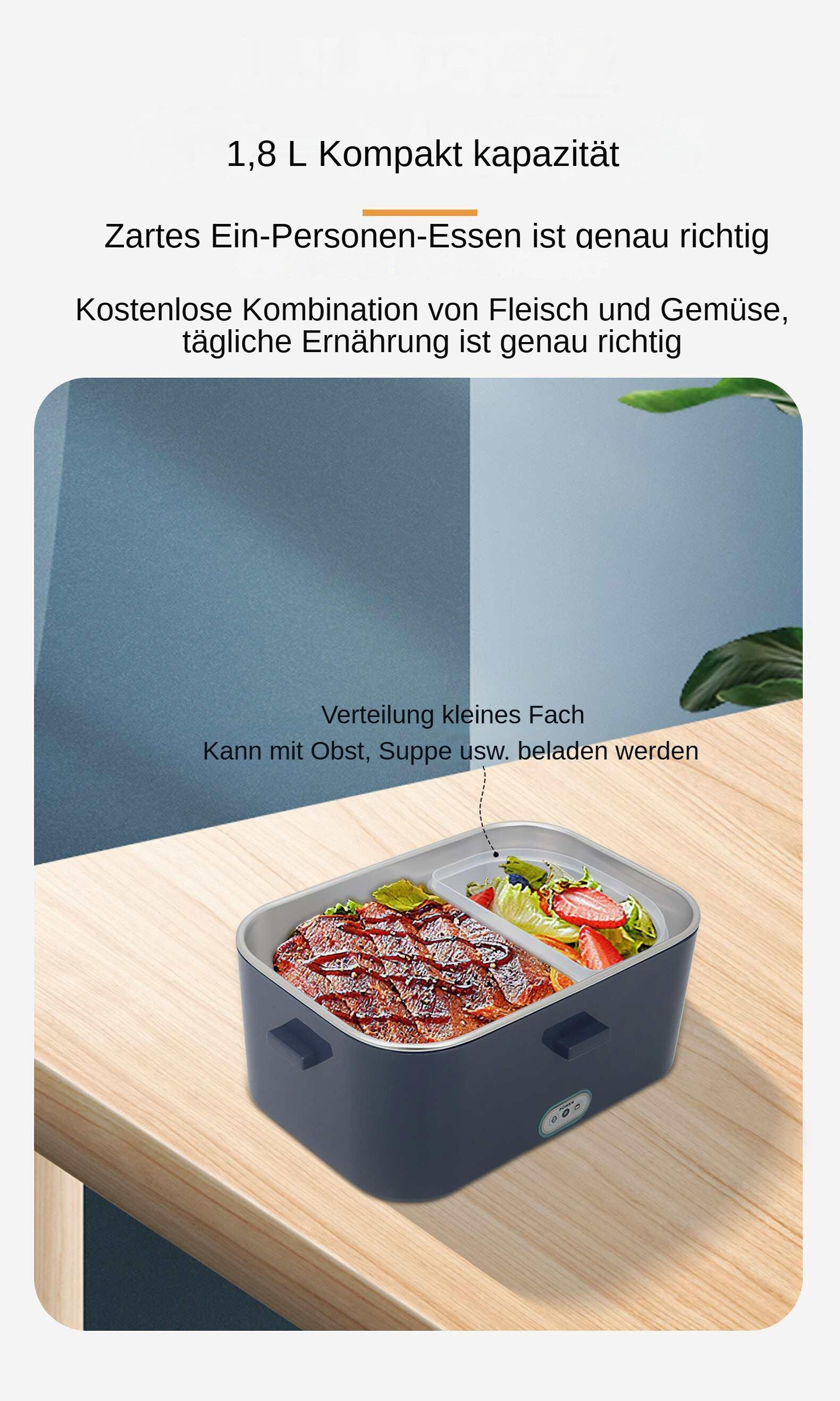 Eine Lunchbox mit Essen darin, auf einem Holztisch platziert. Deutscher Text beschreibt die Eigenschaften.