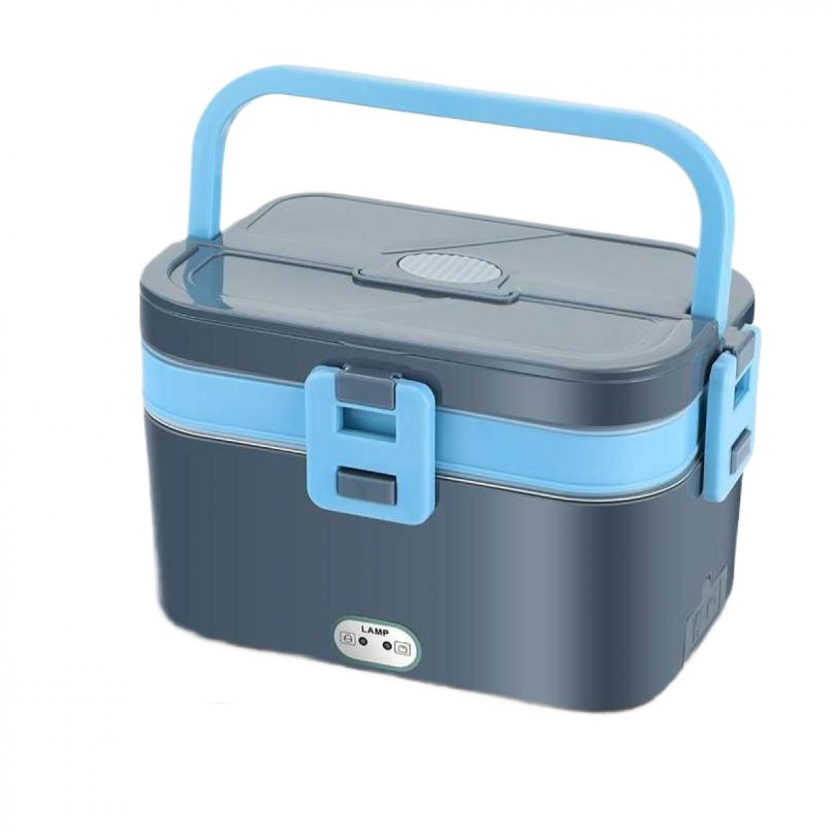 Eine grau-blaue Brotdose mit Griff, Clips und Bedienfeld. Der Griff und die Verkleidung sind blau. Die Box ist rechteckig.