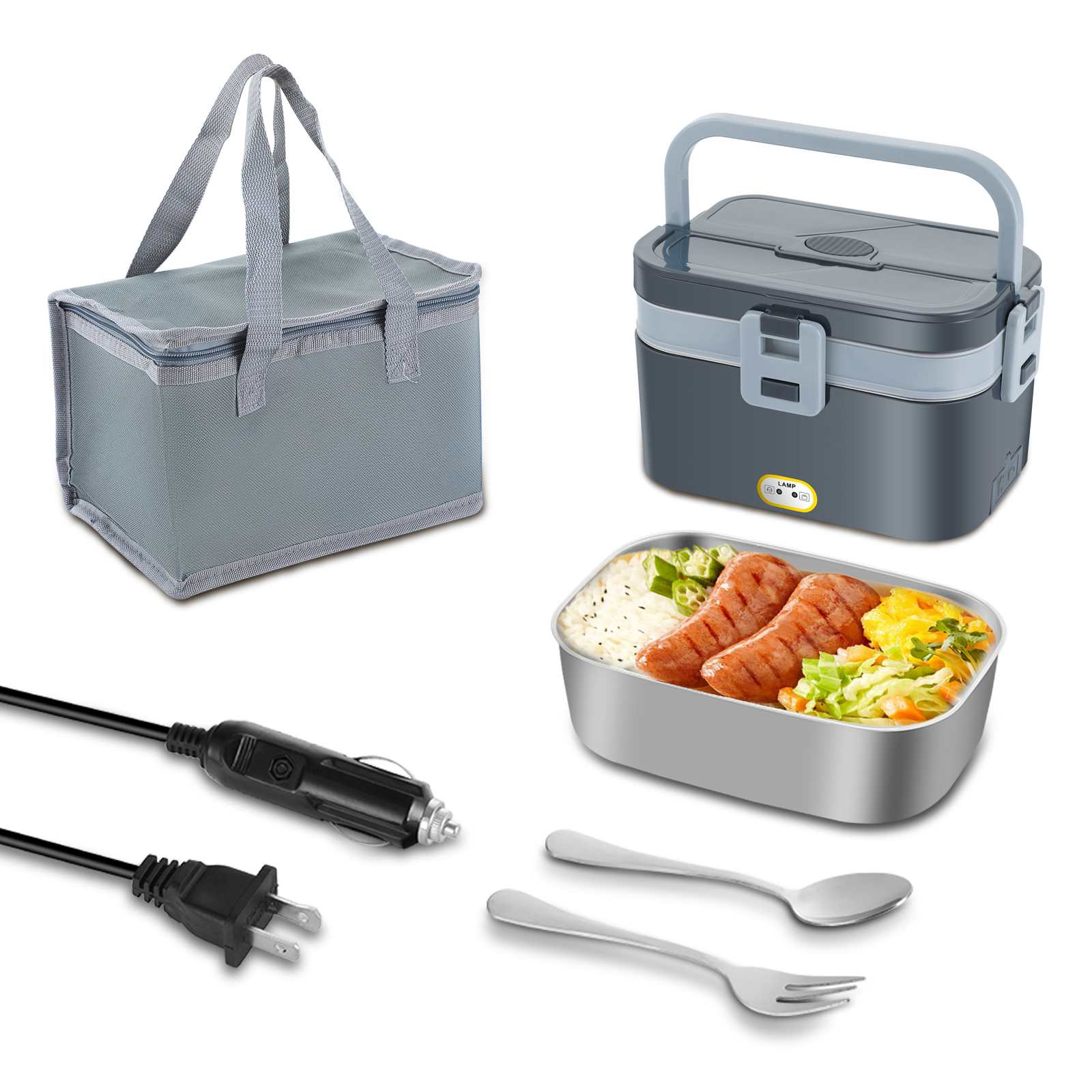 Graue Lunchbag, Essenswärmer, Essensbehälter mit Würstchen, Reis, Gemüse, Utensilien und zwei Netzkabeln.